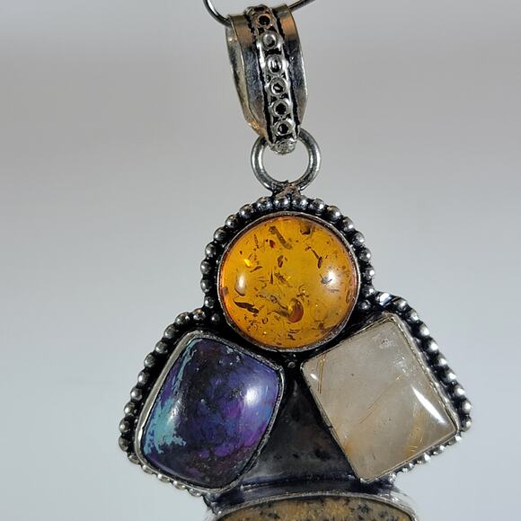 Statement Gemstone Pendant – Jasper, Amber, Sugilite, Moonstone + Silver Chain - Picture 8 of 10
